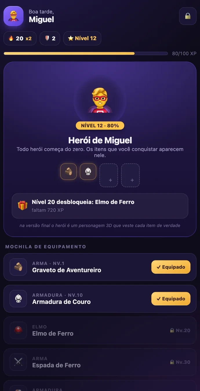 Tela do Questzin mostrando o herói e a barra de XP